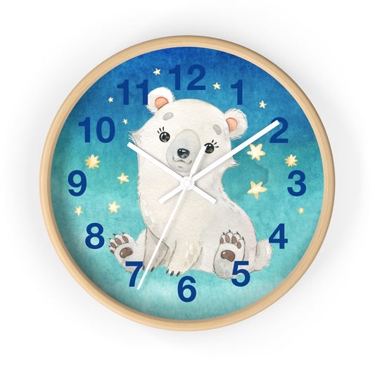 Cute Polar Bear - Silent Motor Clock - Wooden or White - Cute Nordic Animal Collection