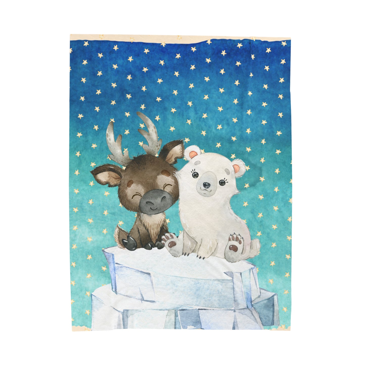Cute Moose, Polar Bear  and Stars - Velveteen Plush Blanket - Cute Nordic Animal Collection