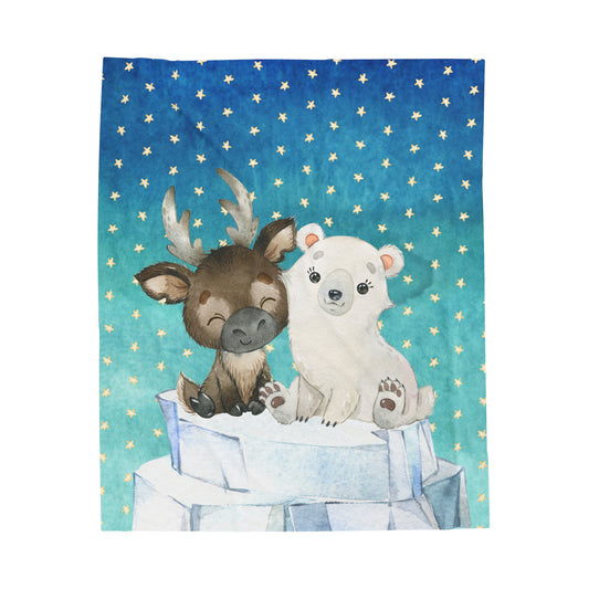 Cute Moose, Polar Bear  and Stars - Velveteen Plush Blanket - Cute Nordic Animal Collection
