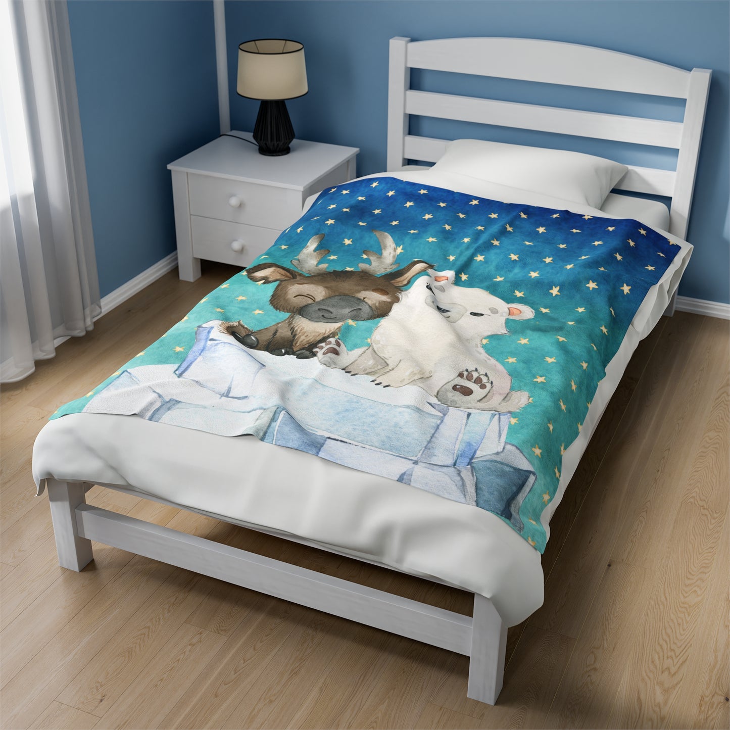 Cute Moose, Polar Bear  and Stars - Velveteen Plush Blanket - Cute Nordic Animal Collection